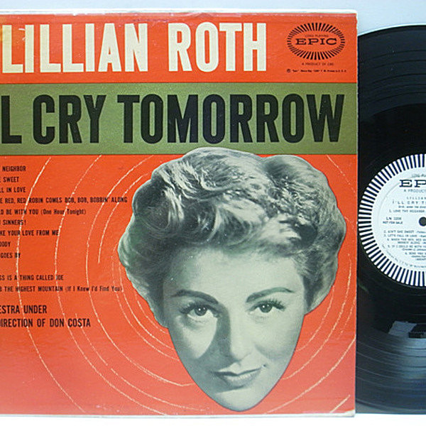レコードメイン画像：白プロモ MONO 深溝 USオリジナル LILLIAN ROTH I'll Cry Tomorrow (Epic LN 3206) 女優／シンガー、リリアン・ロスの数少ないアルバム LP