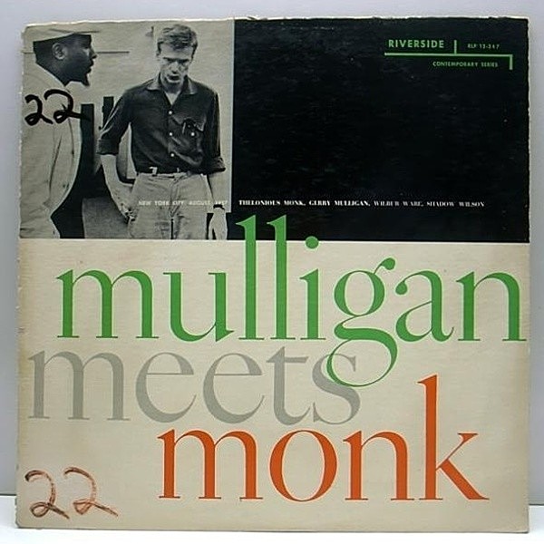 レコードメイン画像：MONO 青スモール 深溝 THELONIOUS MONK Mulligan Meets Monk (Riverside RLP 12-247) モンク・ミーツ・マリガンが相まった異色の共演盤！