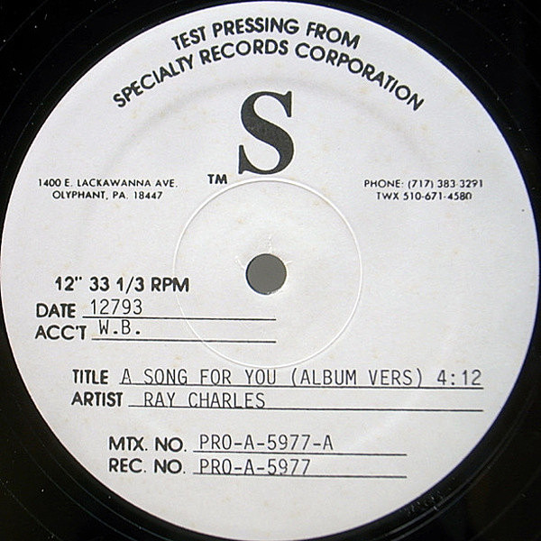 レコードメイン画像：激レア!! プロモ・テスト盤 RAY CHARLES A Song For You (Warner Bros. PRO-A-5977) Eric Clapton参加 完全オリジナル Promo, Test Press