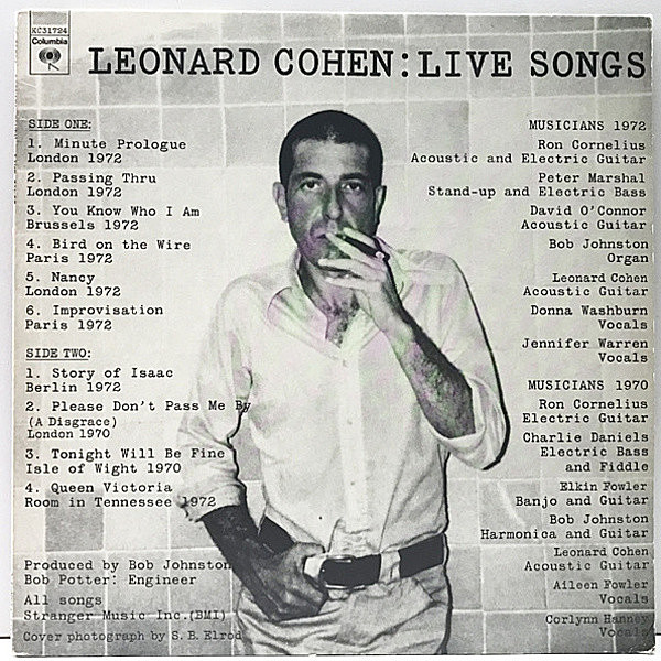 レコードメイン画像：美盤!! 初版 KC規格 USオリジナル LEONARD COHEN Live Songs ('73 Columbia) 今夜はうまくいくだろう, 電線の鳥 ほか 初のライヴ作品