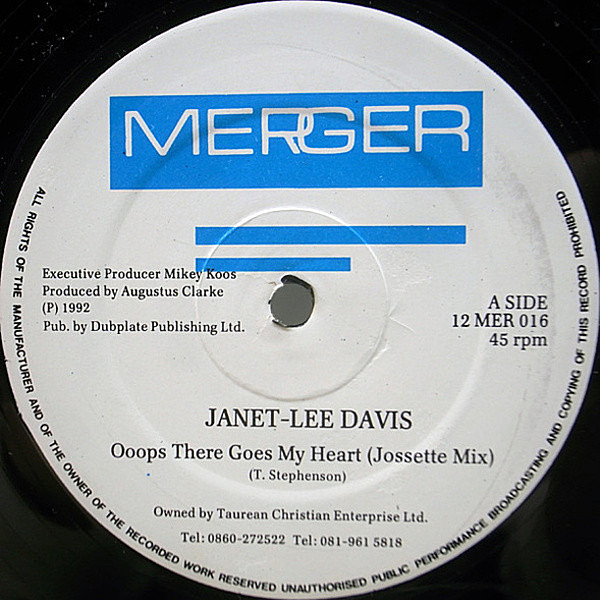 レコードメイン画像：UK 12インチ JANET LEE DAVIS Ooops There Goes My Heart (Merger) MANHATTANS／Just The Lonely Talking Again ラヴァーズ・カヴァー 試聴