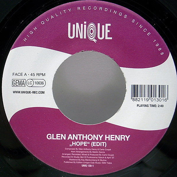 レコードメイン画像：極美盤!! GERMANY 7インチ GLEN ANTHONY HENRY Hope ('07 Unique) グレン・アンソニー・ヘンリー SWEET VANDALS Relax & Love FUNK 45RPM.