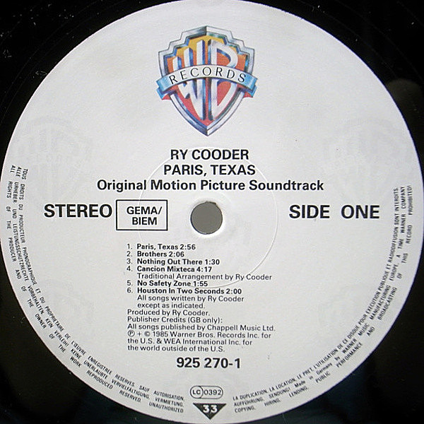 RY COODER / Paris, Texas (Original Motion Picture Soundtrack) (LP) / Warner  Bros. | WAXPEND RECORDS