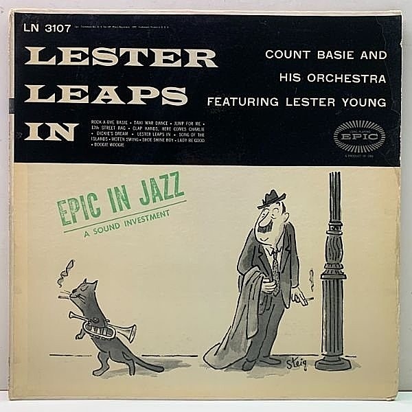 レコードメイン画像：MONO 深溝 コーティング USオリジナル COUNT BASIE Feat. LESTER YOUNG Lester Leaps In ('56 Epic) Steig 猫ジャケ シリーズ 人気作
